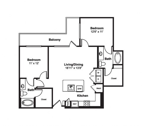 Floor plan for 2 beds, 2 baths, 1060 sqft